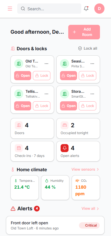 EZYsmart mobile app — doors, locks, climate and alerts dashboard